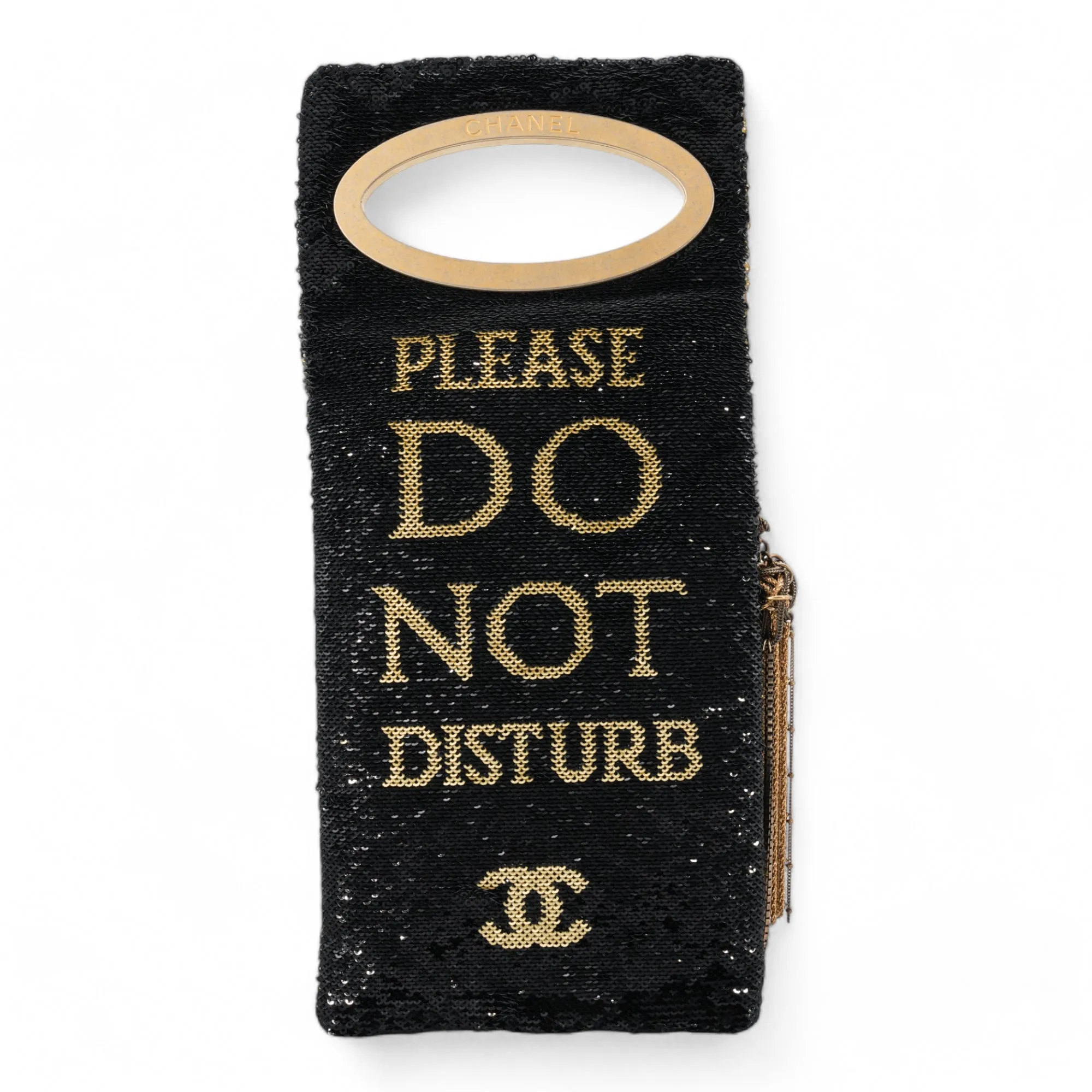 Please Dare to Disturb Black and Gold Sequin Minaudiere Clutch