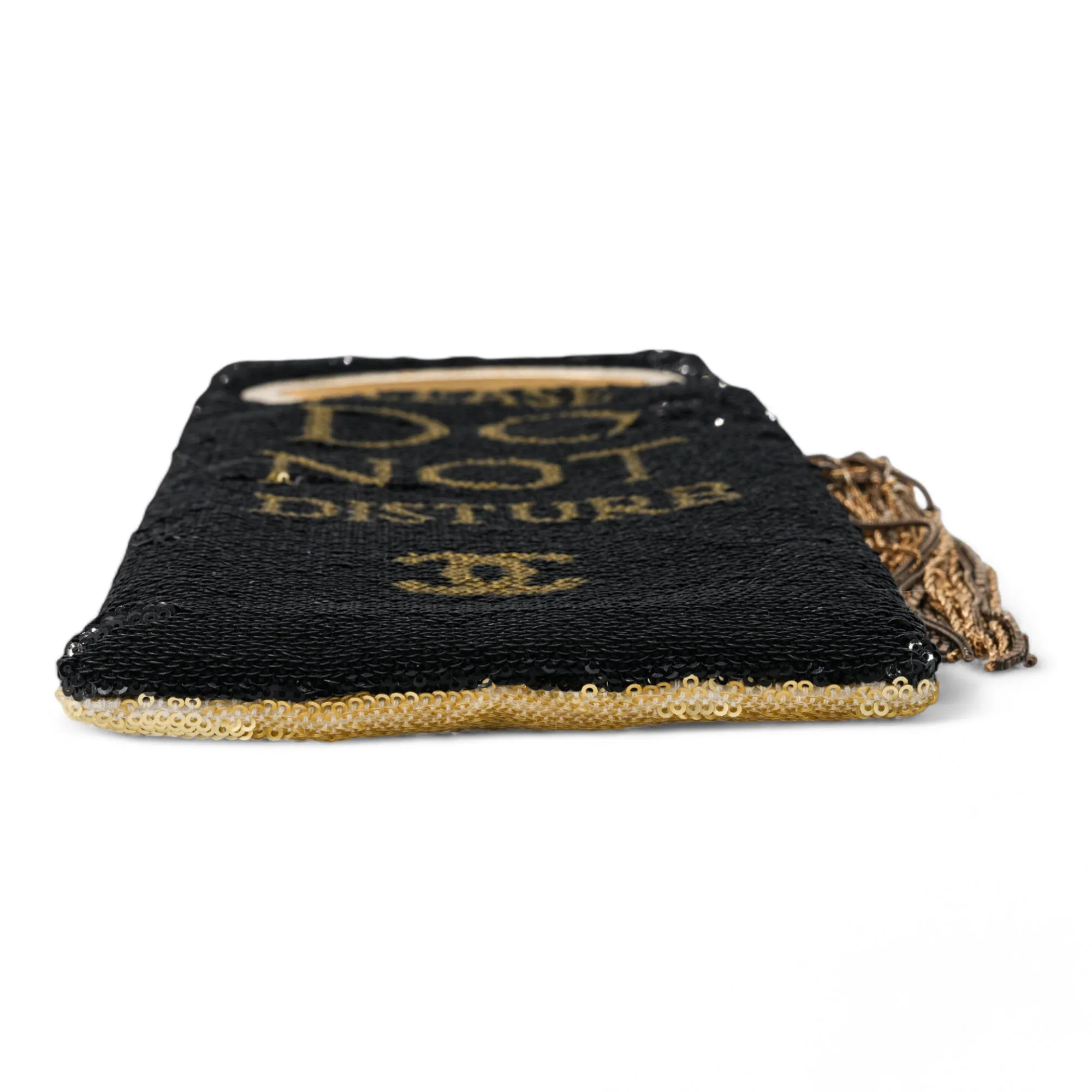 Please Dare to Disturb Black and Gold Sequin Minaudiere Clutch