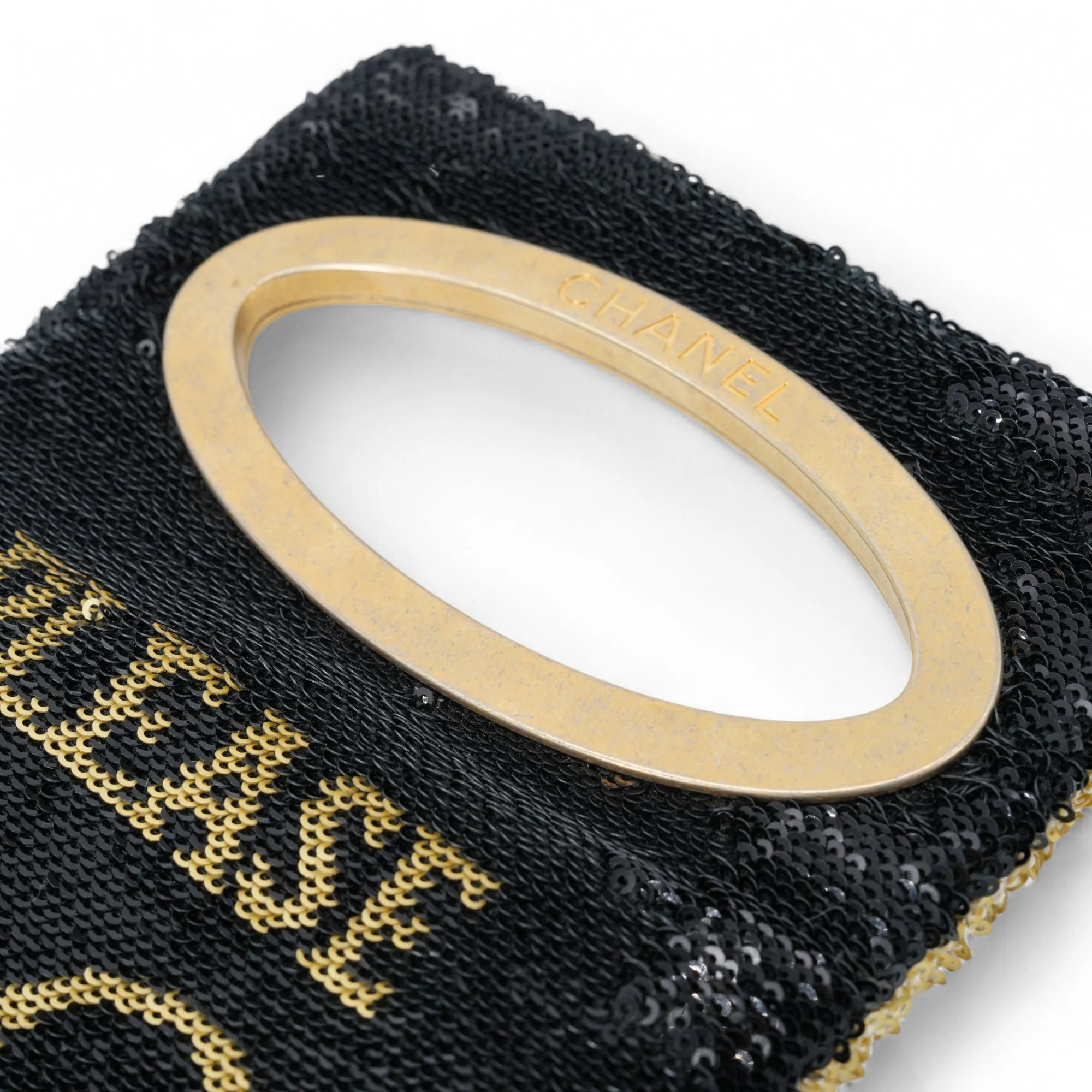 Please Dare to Disturb Black and Gold Sequin Minaudiere Clutch