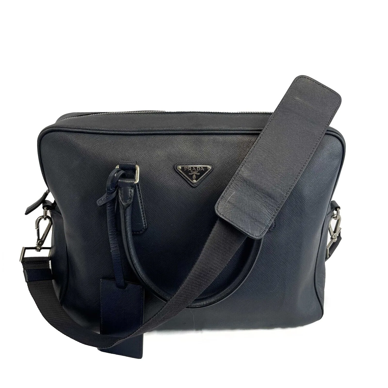 PRADA - Navy Saffiano Leather Bauletto Top Handle / Briefcase w/ Shoulder Strap