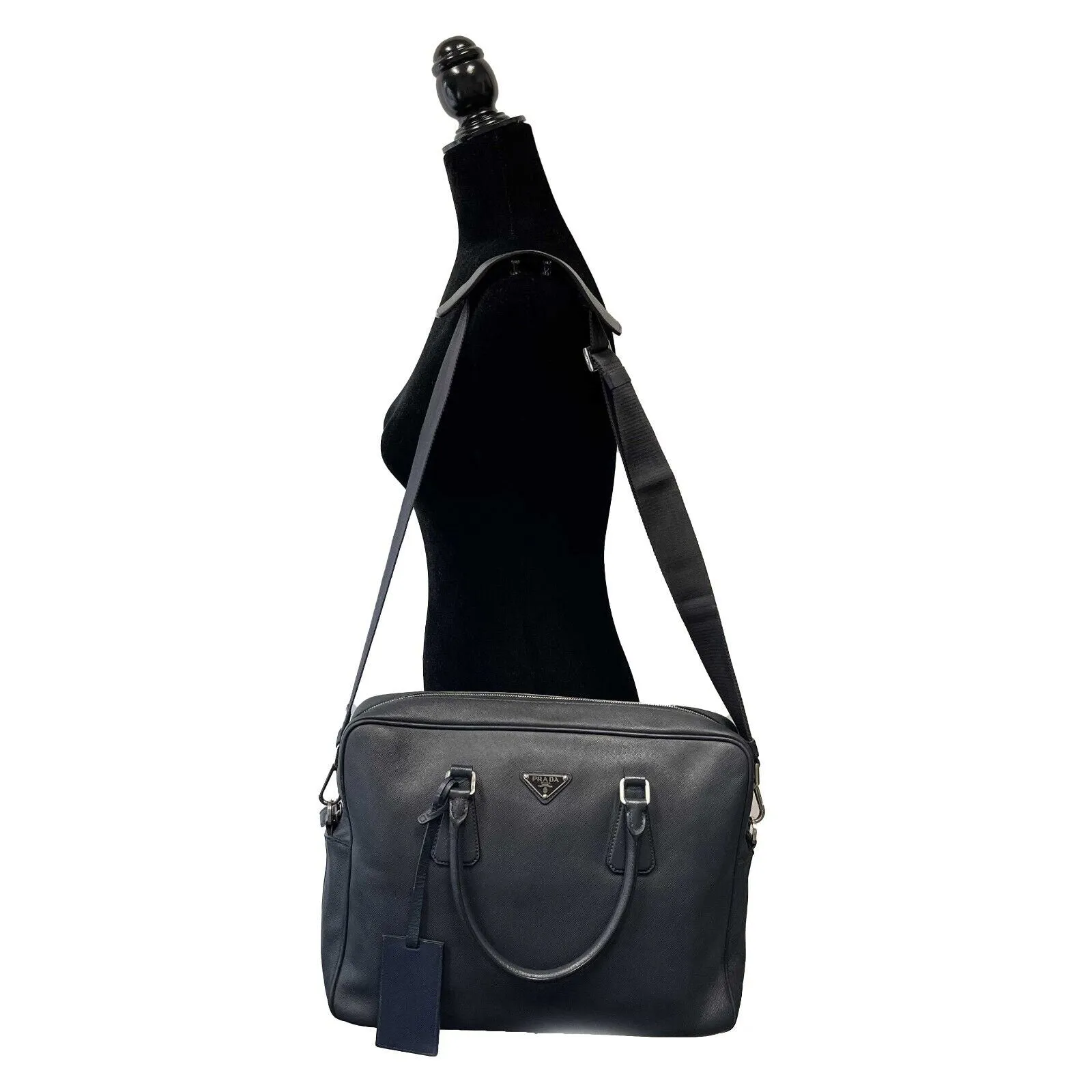 PRADA - Navy Saffiano Leather Bauletto Top Handle / Briefcase w/ Shoulder Strap