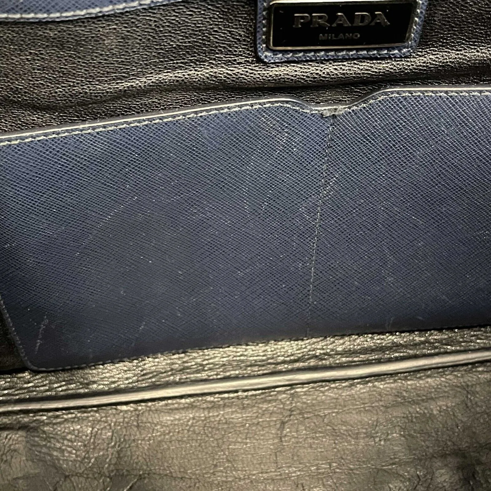 PRADA - Navy Saffiano Leather Bauletto Top Handle / Briefcase w/ Shoulder Strap