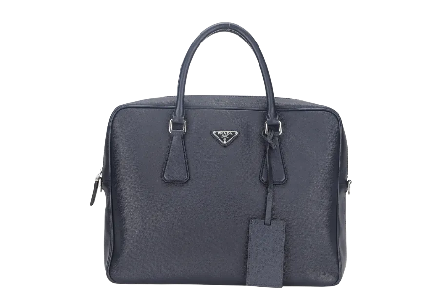 PRADA TRAVEL BRIEFCASE LARGE BALTICO SAFFIANO LEATHER (VA0891) SILVER HARDWARE WITH DUST COVER AND CARD