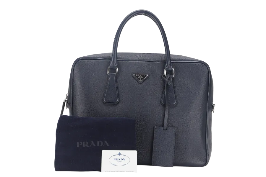 PRADA TRAVEL BRIEFCASE LARGE BALTICO SAFFIANO LEATHER (VA0891) SILVER HARDWARE WITH DUST COVER AND CARD