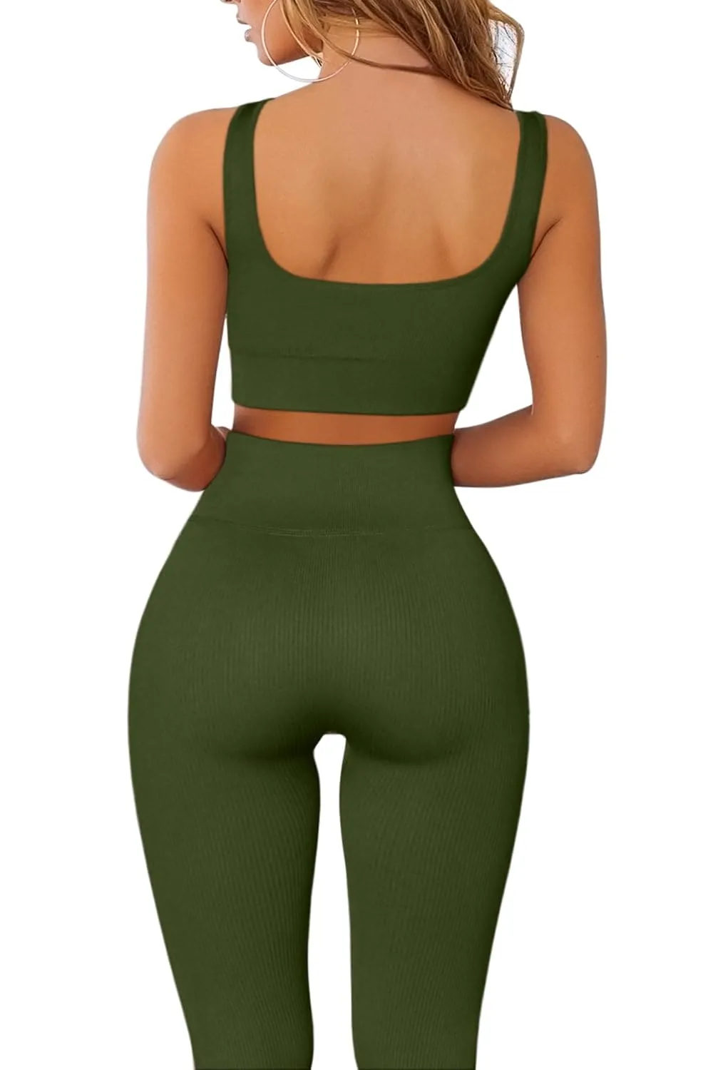 QINSEN Ribbed Workout Outfits for Women 2 Piece Seamless Sport Bra High Waist Yoga Leggings Sets Army Green