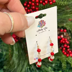 Red and White Beaded Hoop Earrings