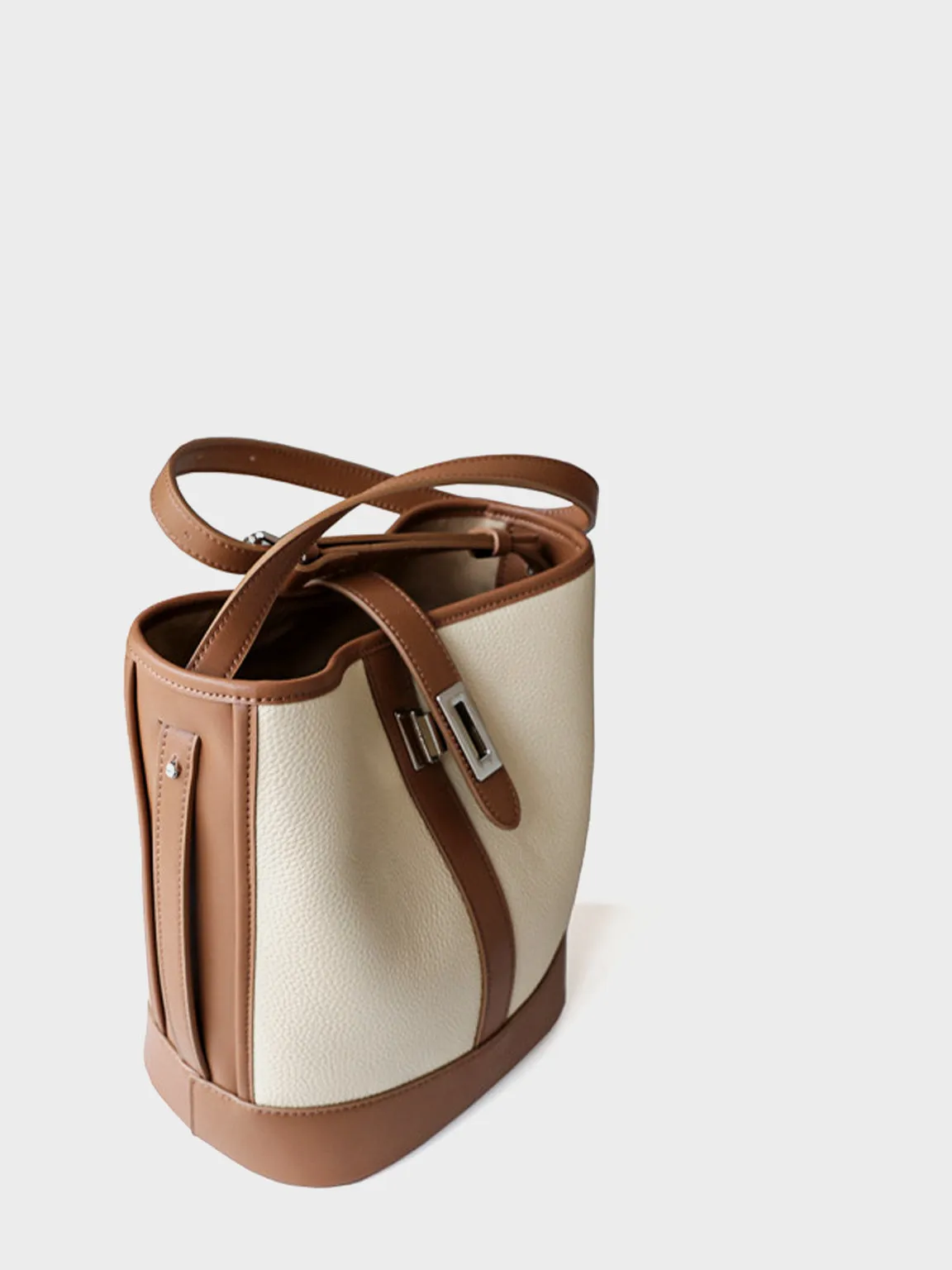 Retro Leather Bucket Shoulder Bag Saddle Tote Bag Silver Hardware