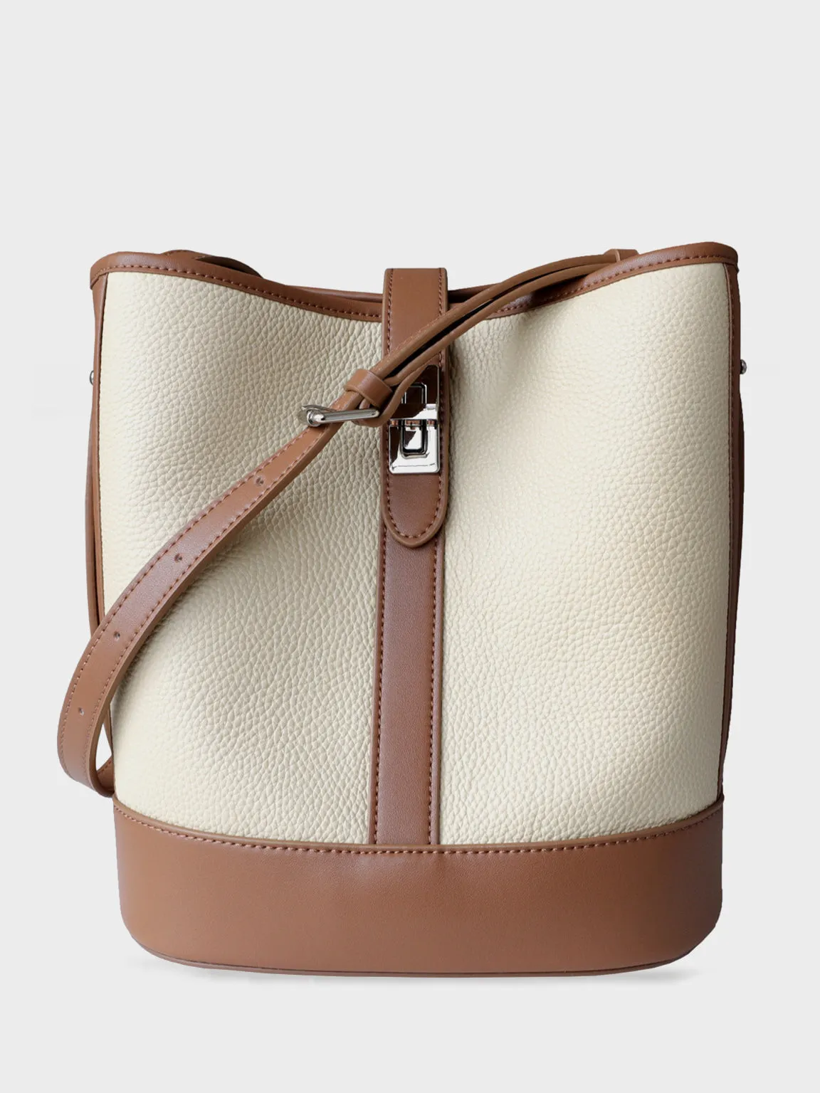 Retro Leather Bucket Shoulder Bag Saddle Tote Bag Silver Hardware