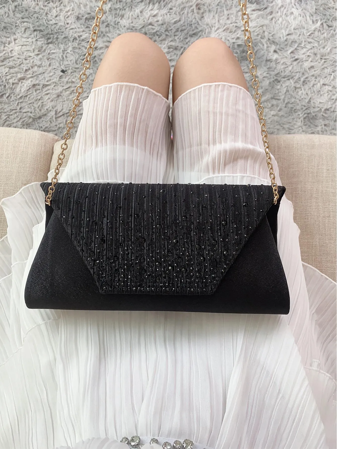 Rhinestone Detail Flap Square Bag - Black- FD ⚡
