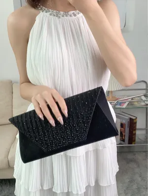 Rhinestone Detail Flap Square Bag - Black- FD ⚡