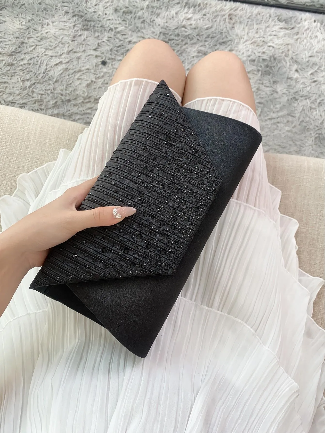 Rhinestone Detail Flap Square Bag - Black- FD ⚡