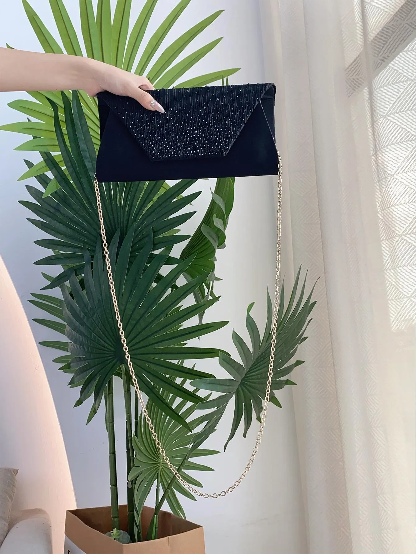 Rhinestone Detail Flap Square Bag - Black- FD ⚡