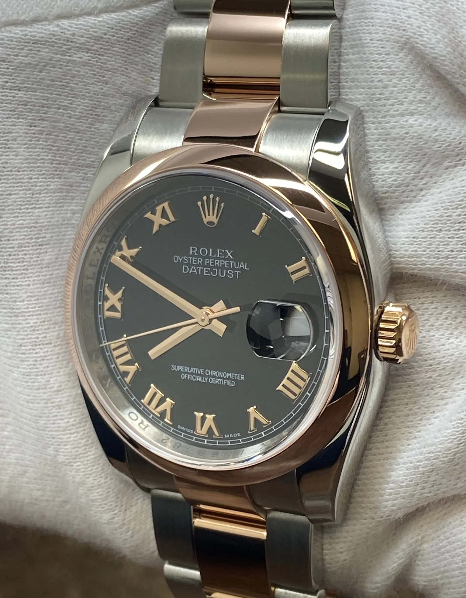 Rolex Datejust 36mm Steel & Rose Gold 116201 Black Roman Dial Automatic Watch