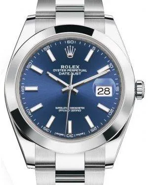 Rolex Datejust 41 Stainless Steel Blue Index Dial Smooth Bezel Oyster Bracelet 126300 -  New