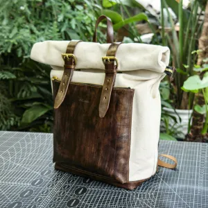 Roll top canvas backpack, Hand dyed plant tanned leather, hiking and camping