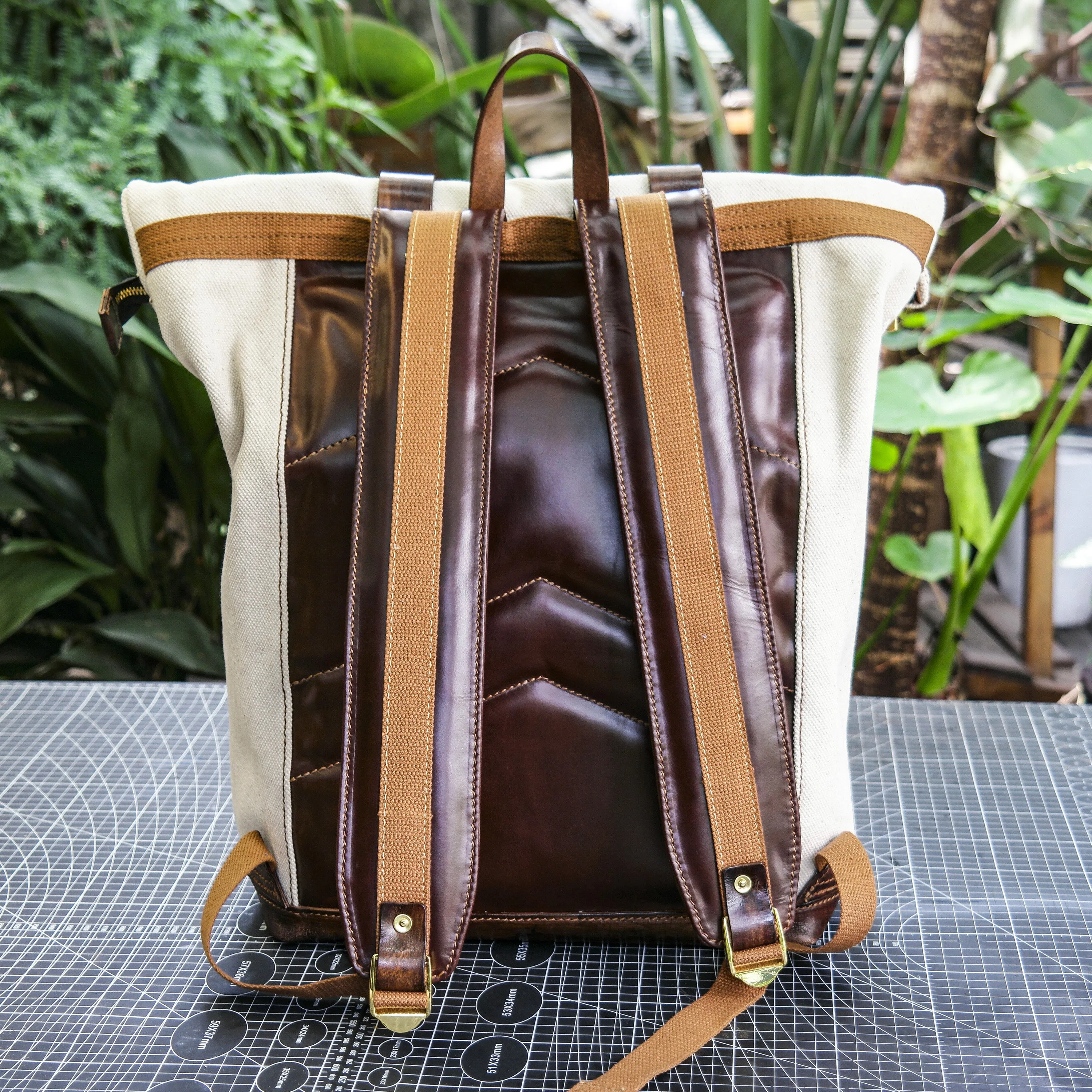 Roll top canvas backpack, Hand dyed plant tanned leather, hiking and camping