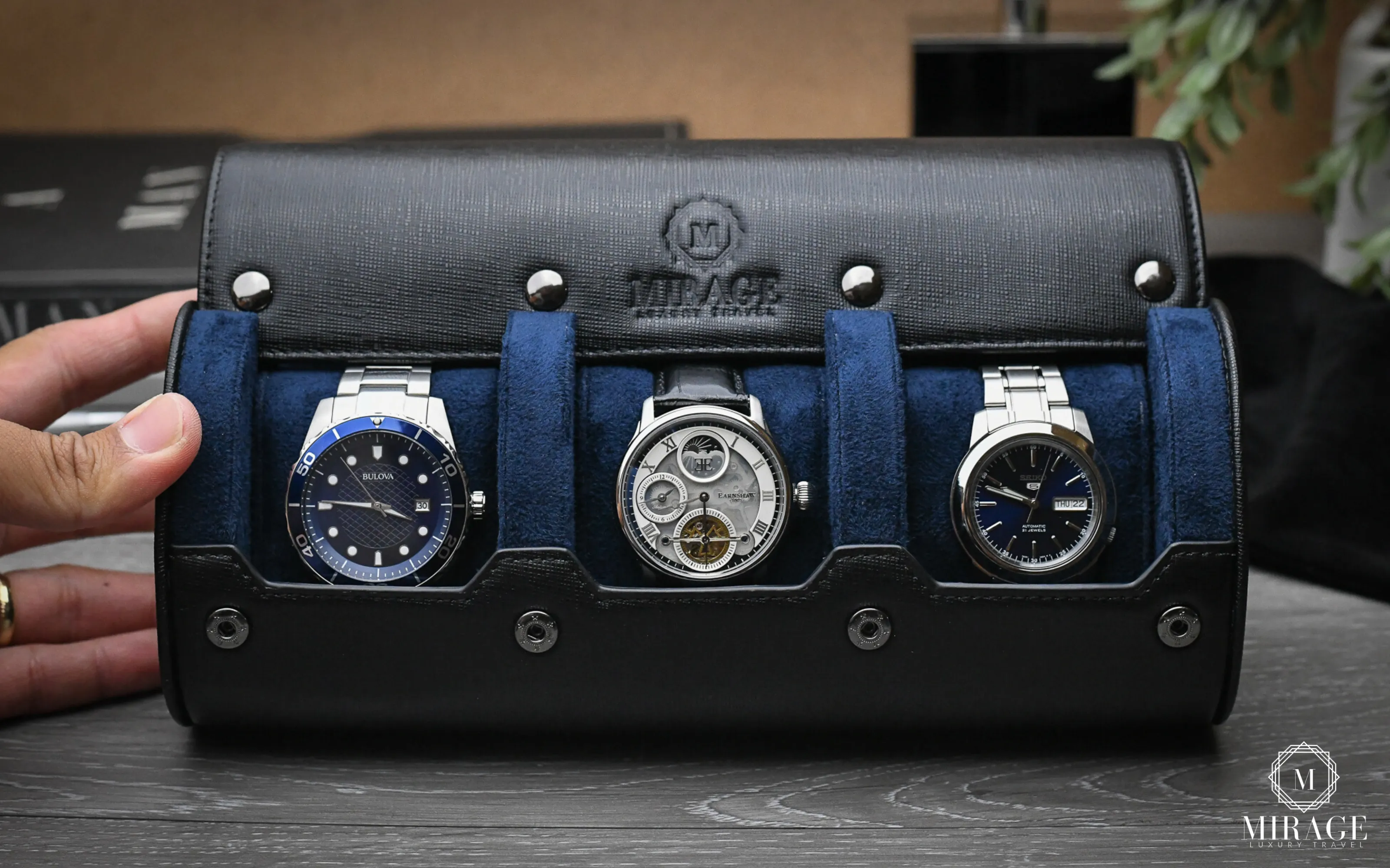 Sable Black Saffiano Leather Watch Roll Case 3-Watches
