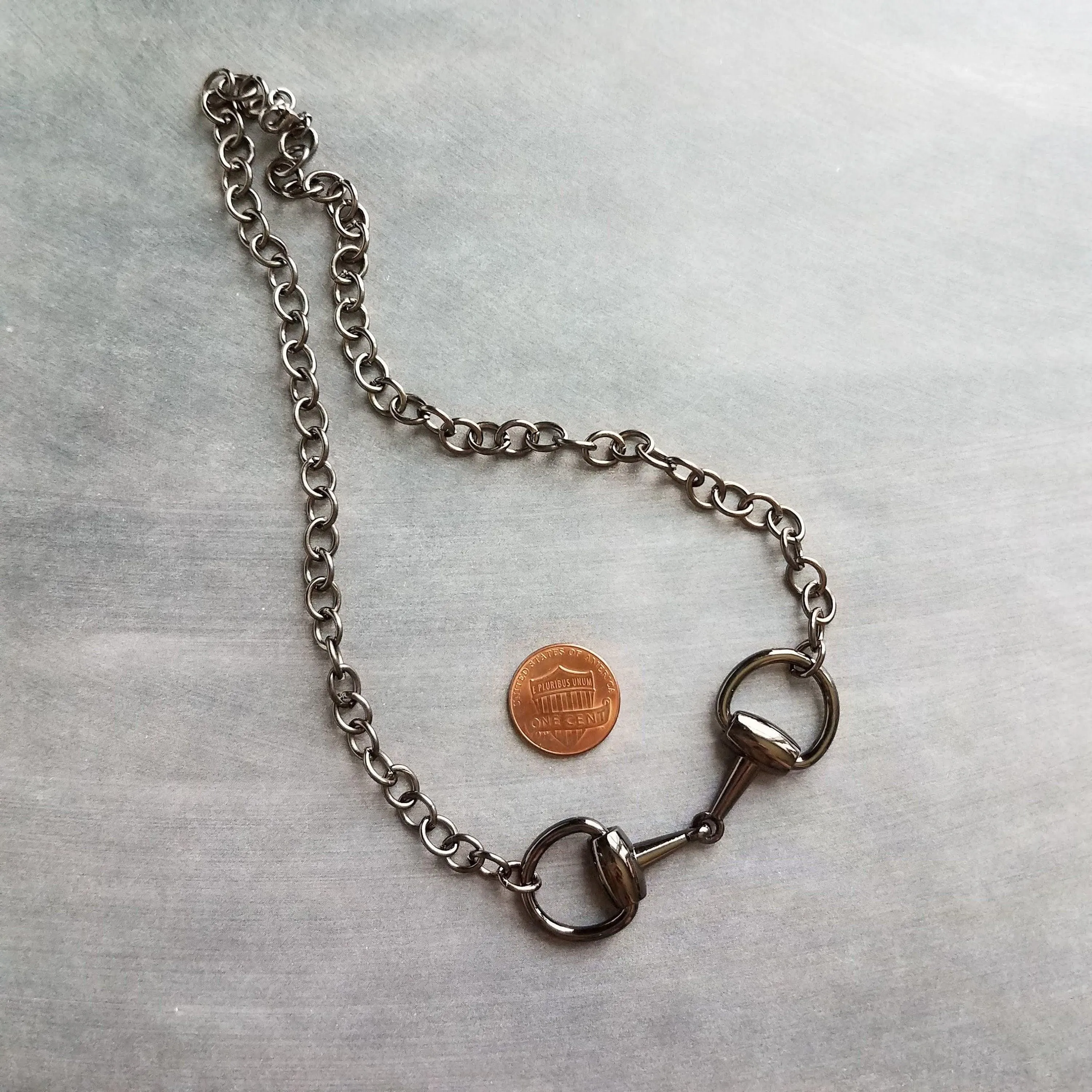 Snaffle Bit Necklace, chunky gunmetal chain, silver black necklace, horse necklace, D ring, thick chain, black snaffle, equestrian necklace