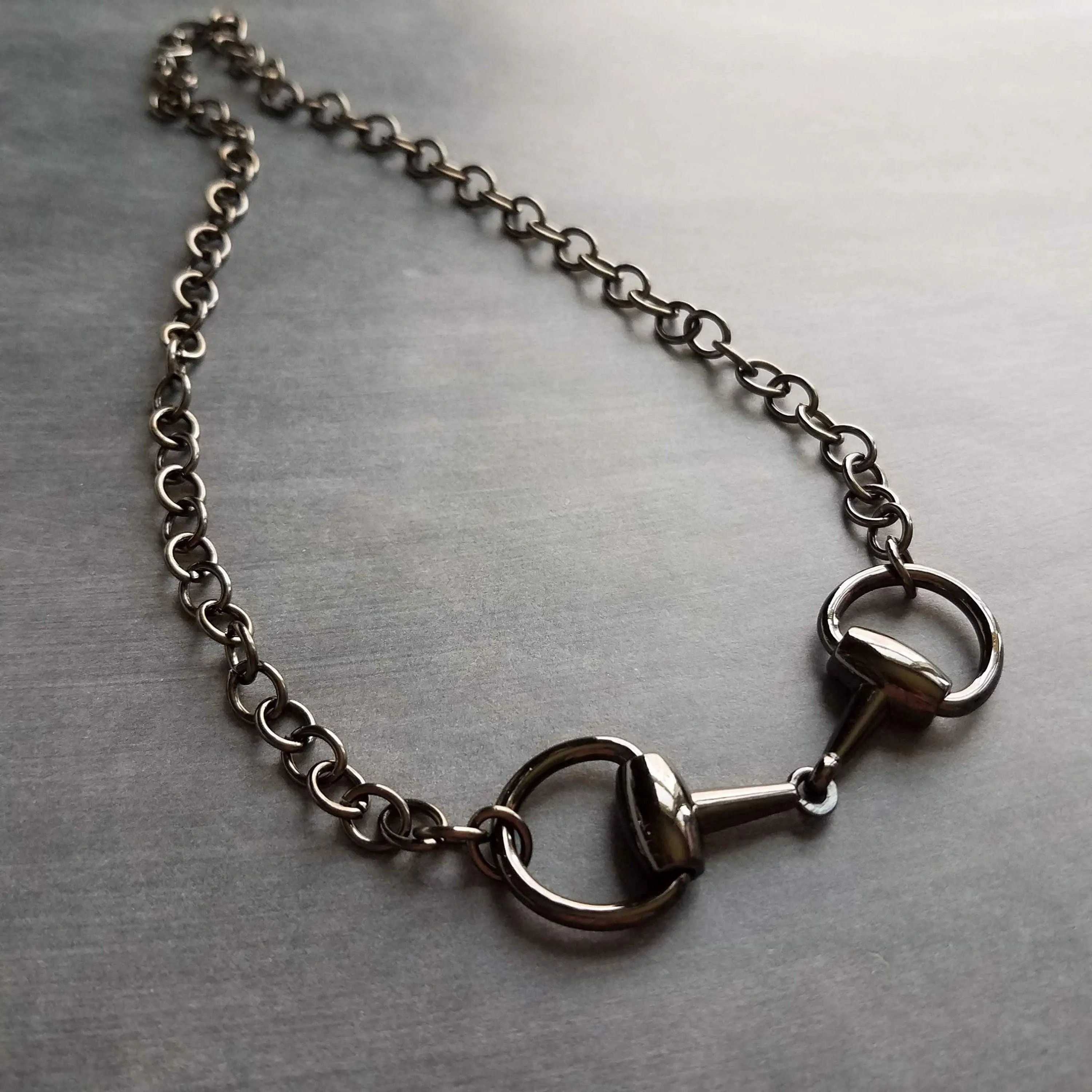 Snaffle Bit Necklace, chunky gunmetal chain, silver black necklace, horse necklace, D ring, thick chain, black snaffle, equestrian necklace