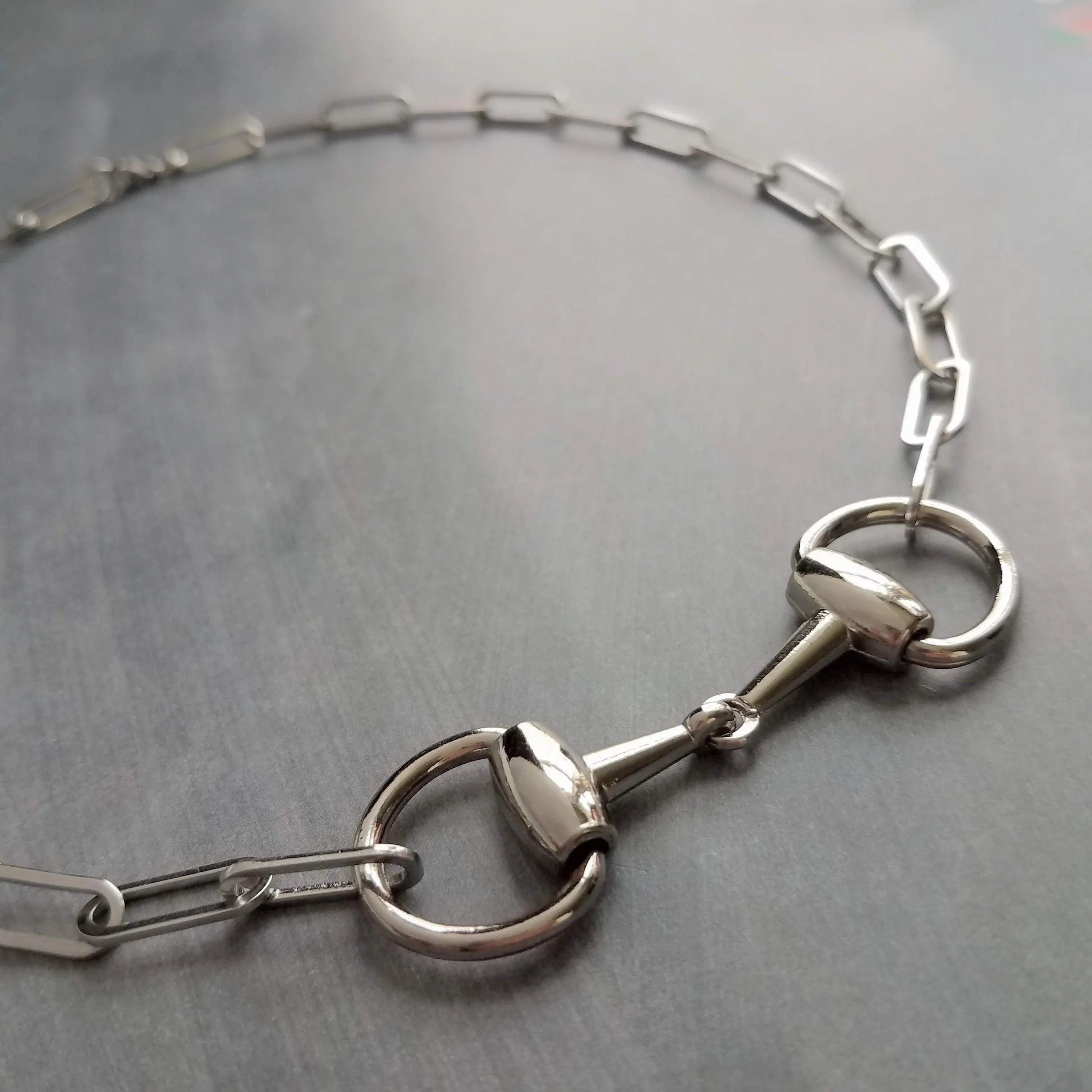 Snaffle Bit Necklace, chunky gunmetal chain, silver black necklace, horse necklace, D ring, thick chain, black snaffle, equestrian necklace