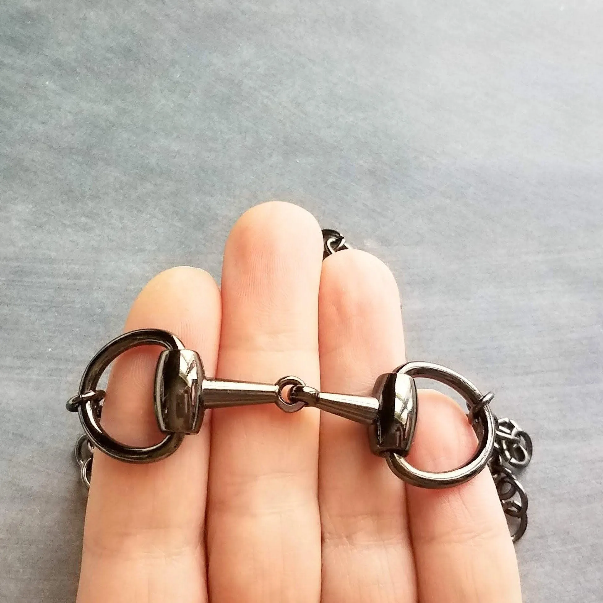 Snaffle Bit Necklace, chunky gunmetal chain, silver black necklace, horse necklace, D ring, thick chain, black snaffle, equestrian necklace