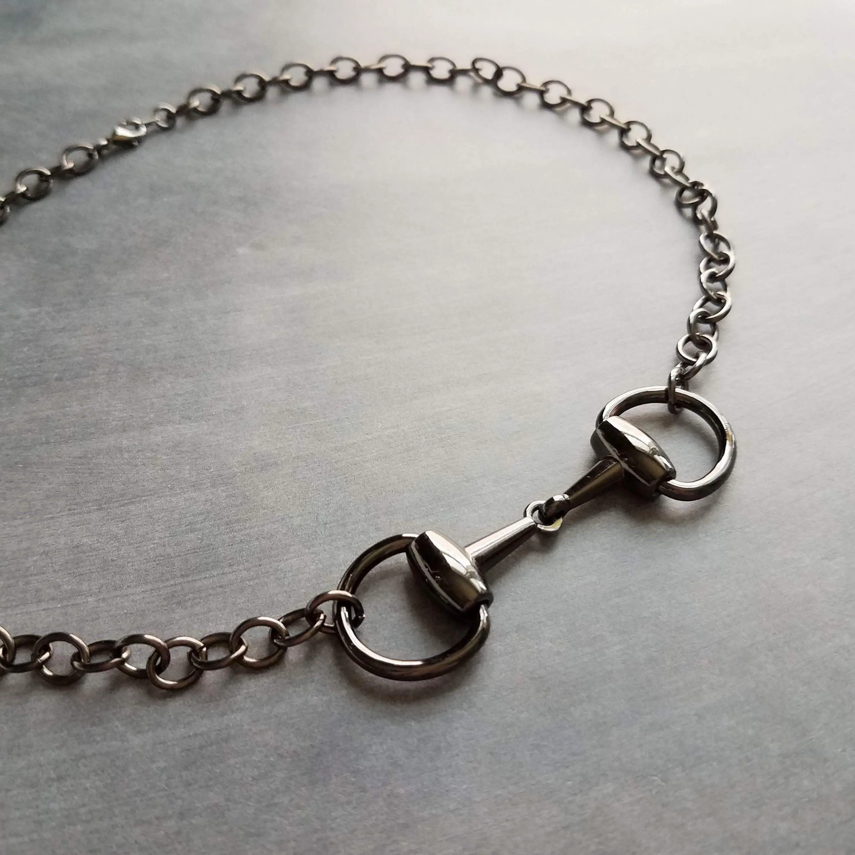 Snaffle Bit Necklace, chunky gunmetal chain, silver black necklace, horse necklace, D ring, thick chain, black snaffle, equestrian necklace