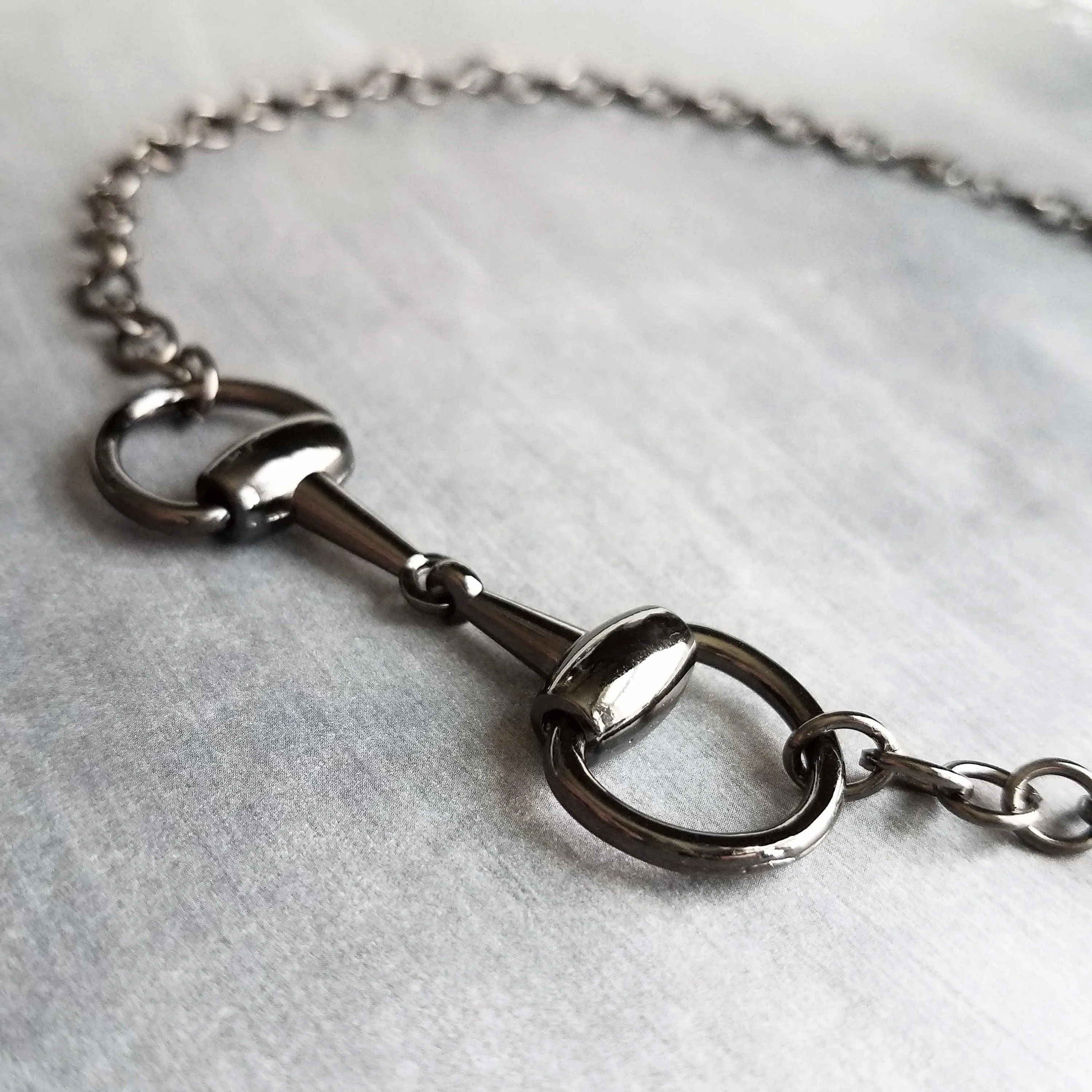 Snaffle Bit Necklace, chunky gunmetal chain, silver black necklace, horse necklace, D ring, thick chain, black snaffle, equestrian necklace