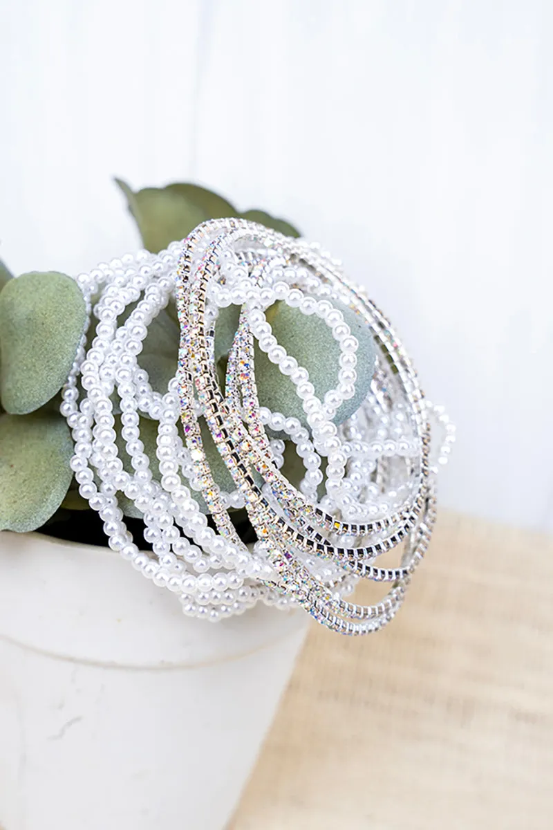 Stacked Pearls and Rhinestone Beaded Bracelet Set