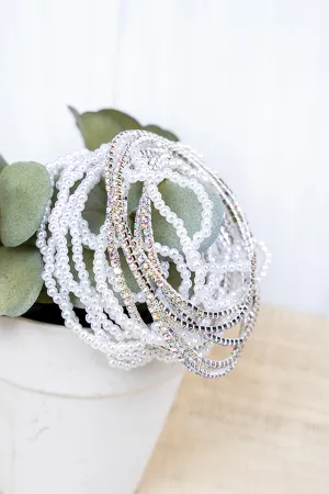 Stacked Pearls and Rhinestone Beaded Bracelet Set