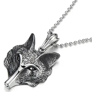 Stainless Steel Mens Fox Head Pendant Necklace with 30 inches Steel Ball Chain