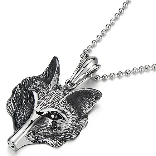Stainless Steel Mens Fox Head Pendant Necklace with 30 inches Steel Ball Chain