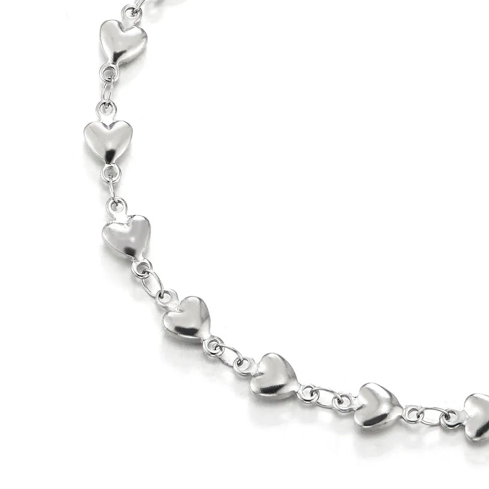 Stainless Steel Puff Hearts Link Chain Anklet Bracelet for Women