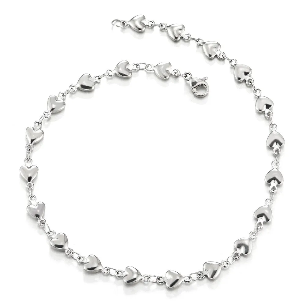 Stainless Steel Puff Hearts Link Chain Anklet Bracelet for Women