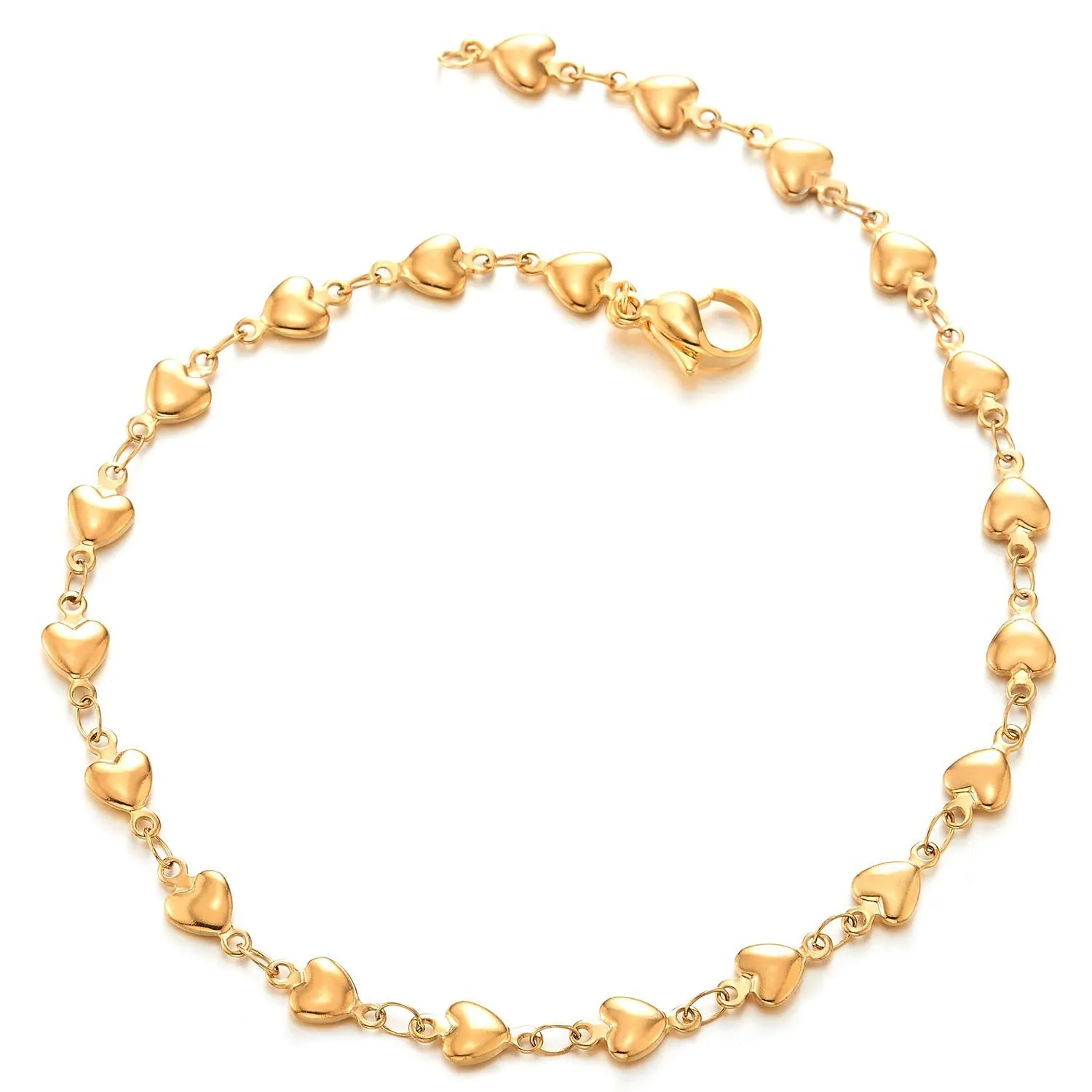 Stainless Steel Puff Hearts Link Chain Anklet Bracelet for Women