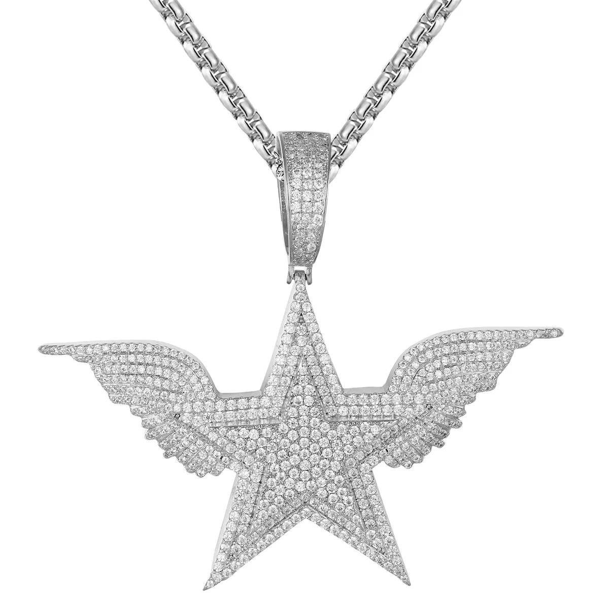 Sterling Silver Star Angel Wings Rapper Style Hip Hop Pendant