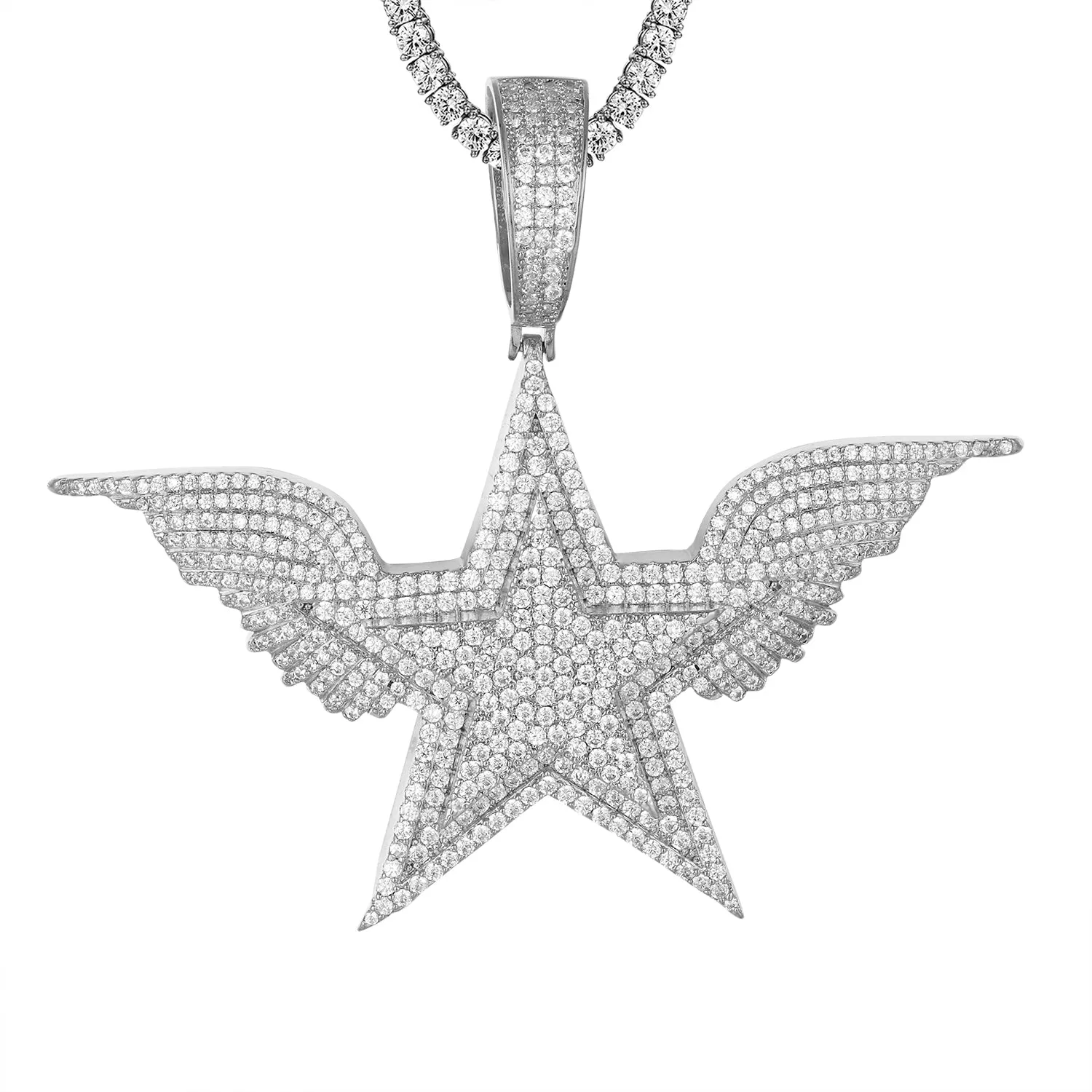 Sterling Silver Star Angel Wings Rapper Style Hip Hop Pendant