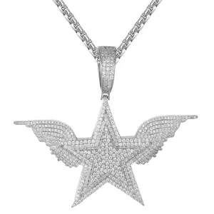Sterling Silver Star Angel Wings Rapper Style Hip Hop Pendant