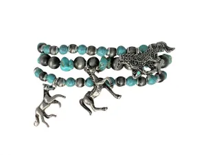 Teal and Silver beaded bracelet with horse charms