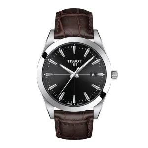 Tissot Gentleman Mens Stainless Steel Black Dial Brown Leather Strap Watch