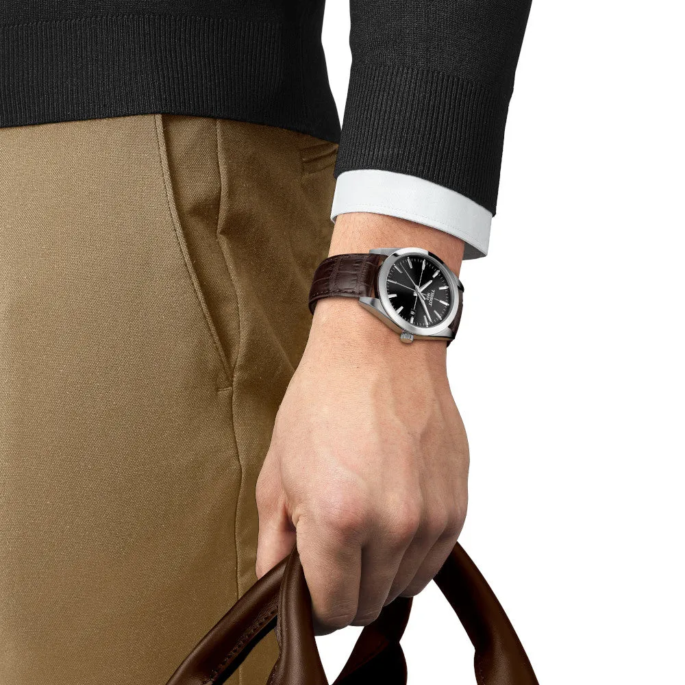 Tissot Gentleman Mens Stainless Steel Black Dial Brown Leather Strap Watch