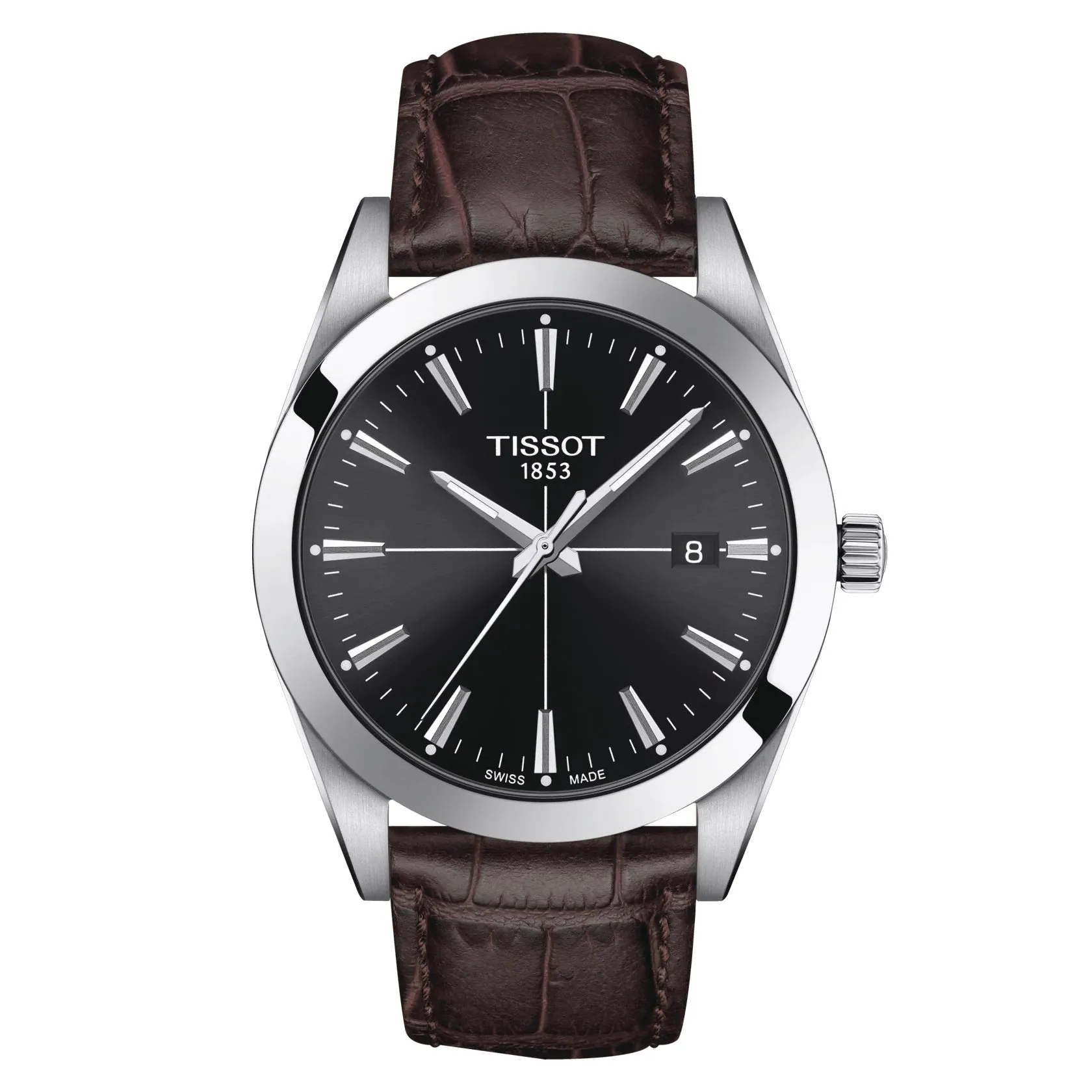 Tissot Gentleman Mens Stainless Steel Black Dial Brown Leather Strap Watch
