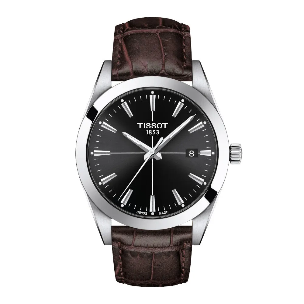 Tissot Gentleman Mens Stainless Steel Black Dial Brown Leather Strap Watch