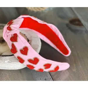 Valentine's Day Seed Beaded Hearts Top Knot Pink Headband.