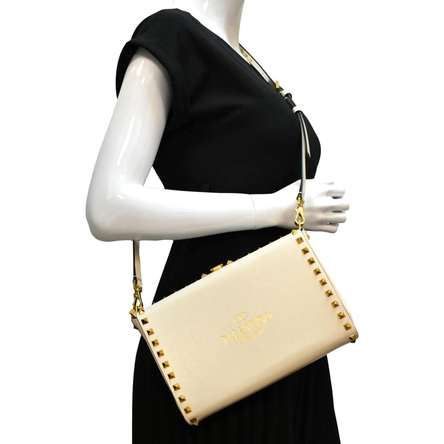 VALENTINO Rockstud Alcove Calfskin Leather Clutch Shoulder Bag Ivory