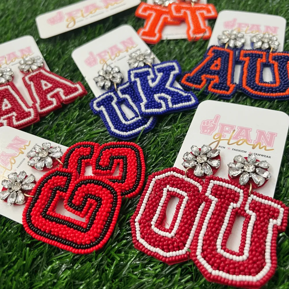 VARSITY LETTER BEJEWELED BEADED DANGLE EARRINGS