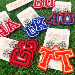 VARSITY LETTER BEJEWELED BEADED DANGLE EARRINGS