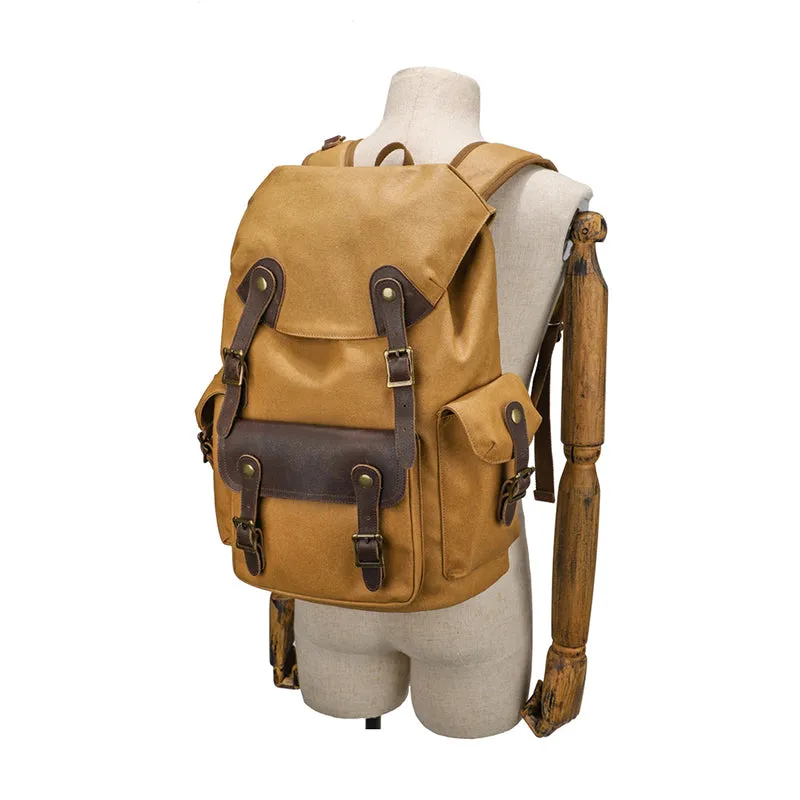Vintage Canvas Travel Backpack Waxed Canvas 16 Inch Laptop Backpack Waterproof Canvas Rucksack Mens Flap Cover Backpack