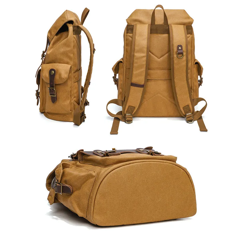 Vintage Canvas Travel Backpack Waxed Canvas 16 Inch Laptop Backpack Waterproof Canvas Rucksack Mens Flap Cover Backpack