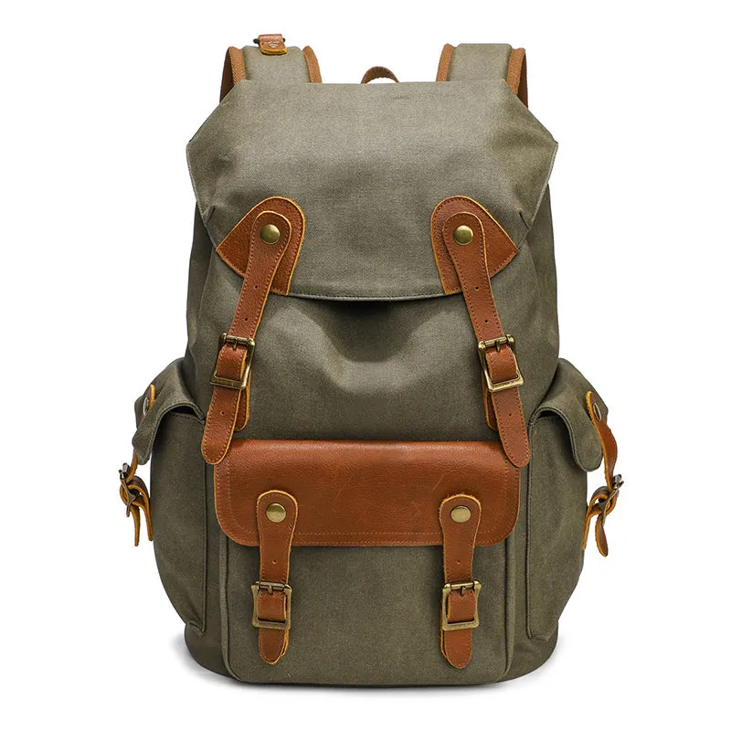 Vintage Canvas Travel Backpack Waxed Canvas 16 Inch Laptop Backpack Waterproof Canvas Rucksack Mens Flap Cover Backpack