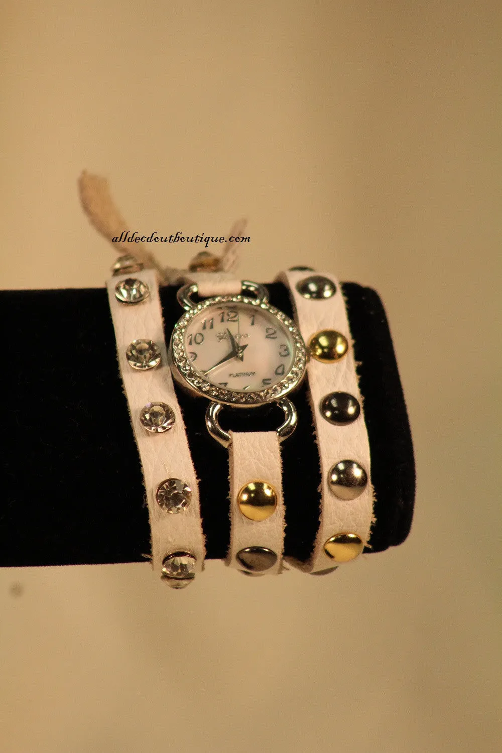 White/White, Gold & Silver Studs & Clear Rhinestones | Leather Band with Button Clasp